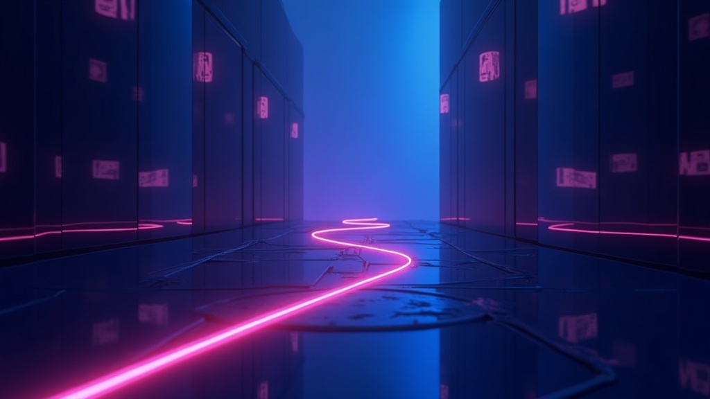 Path of glowing milestones between two office buildings, representing the long sales cycle in B2B SEO