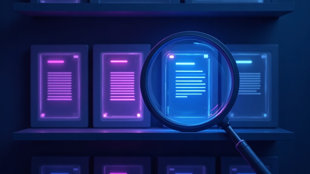 magnifier over a shelf of content cards, some glowing some dim