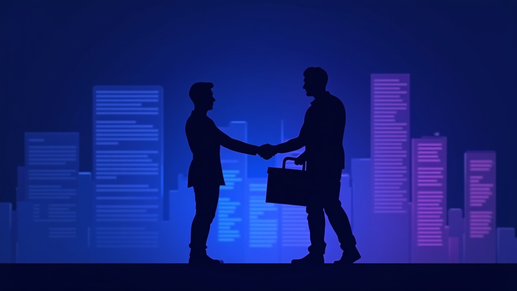 Business owner weighing a toolbox against a partnership handshake