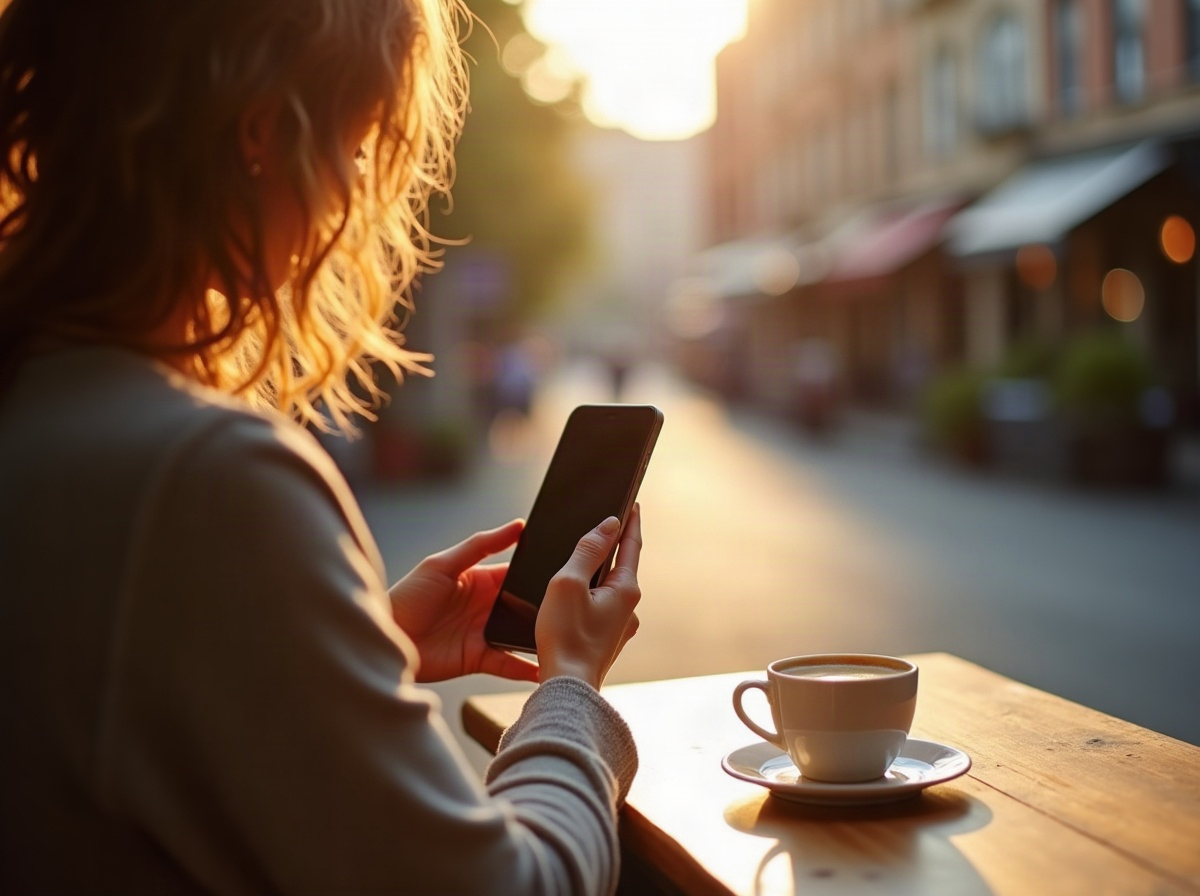 A woman reading on her phone at a cafe, representing Google Preferred Sources