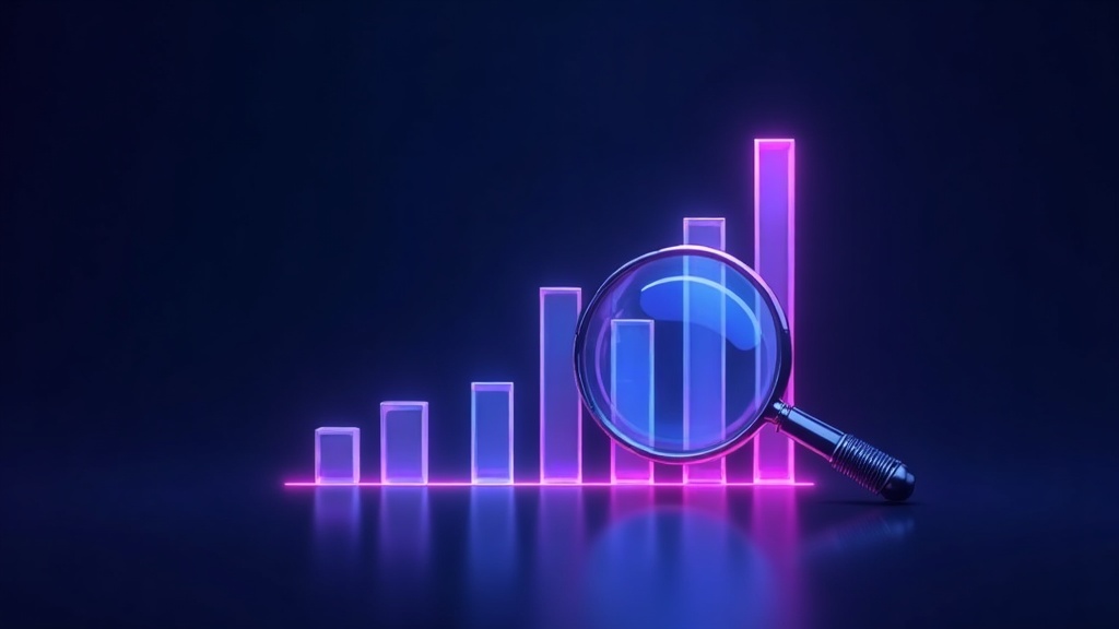 Magnifying glass over an upward spiking trend line, inspecting a rising search in Google Trends