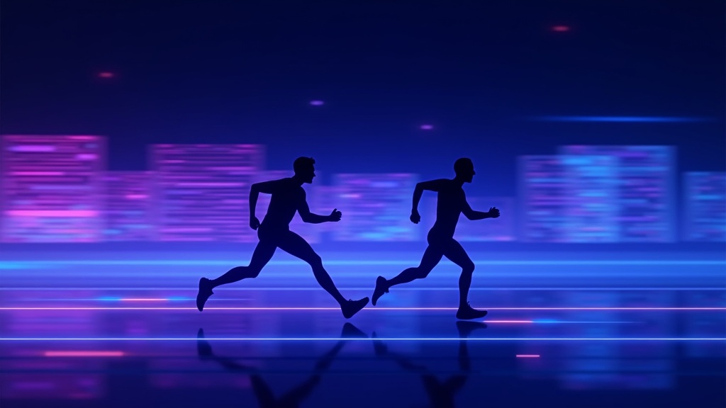 Two runners from the same team tripping each other mid-race, like competing pages costing each other the ranking