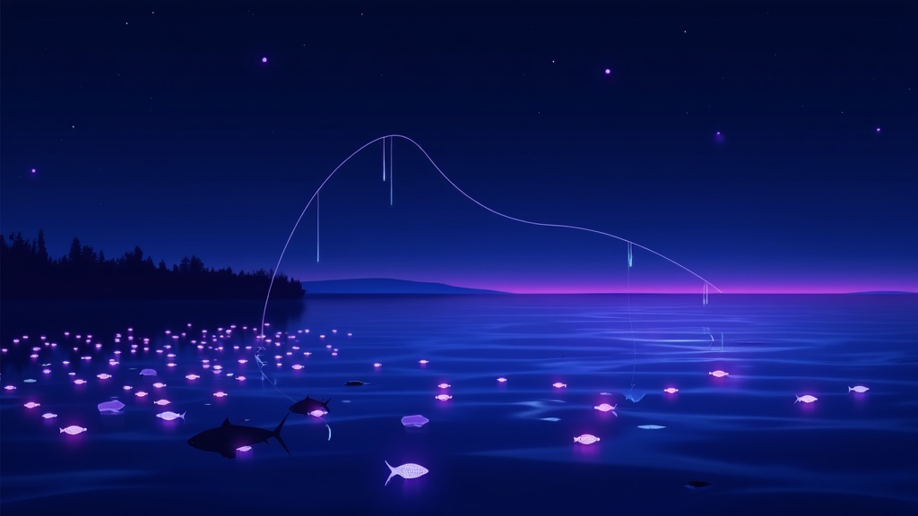 Fishing line catching many small glowing fish, showing one page collecting traffic from many specific long tail queries