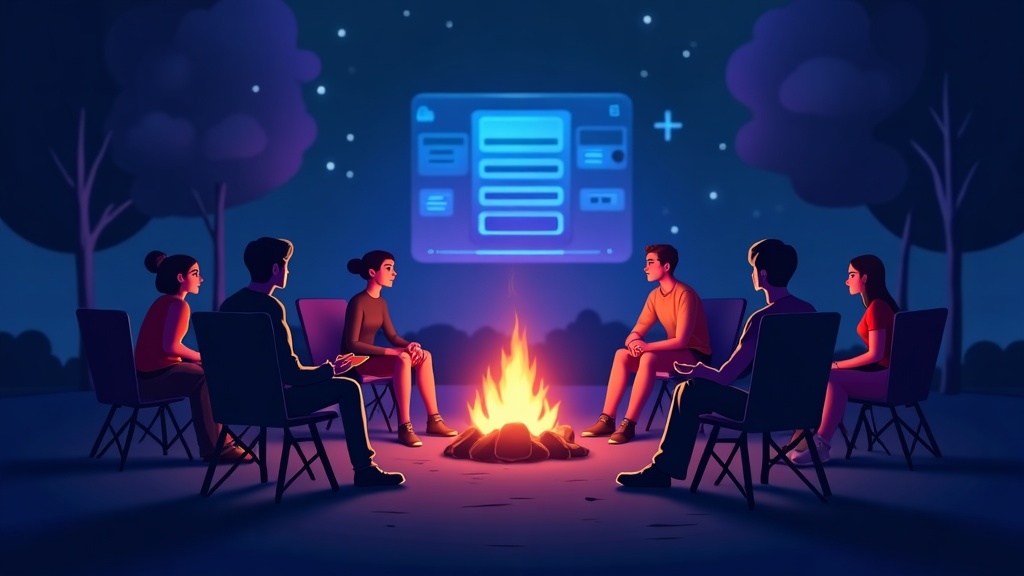 community campfire of avatars with a search magnifier overhead