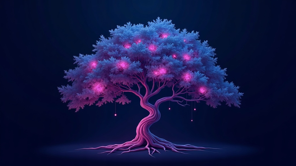 Tree with deep roots and many topic branches, showing content depth feeding wide topical authority
