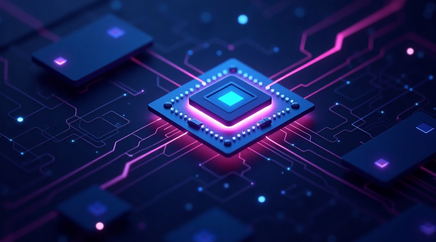 An AI chip merging with a search bar surrounded by neural network lines
