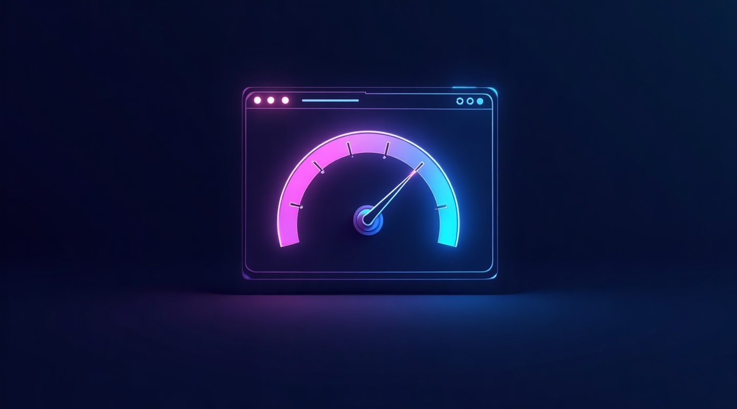 A speed gauge with LCP, INP and CLS scores, representing Core Web Vitals