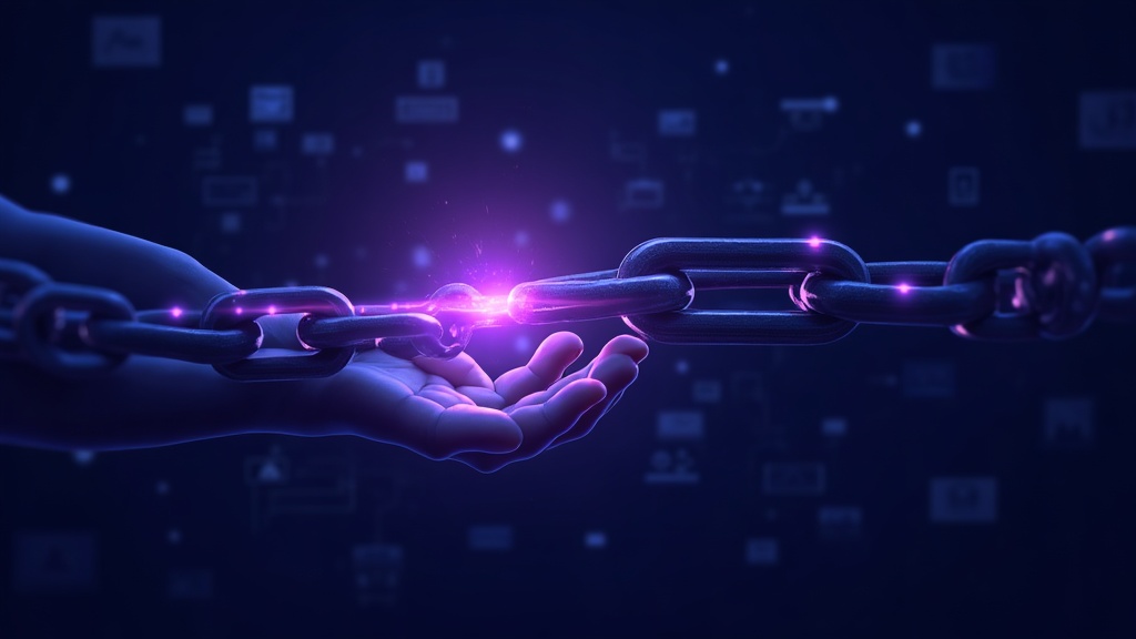 Hand placing a new link into a growing chain network, representing white-hat link building outreach